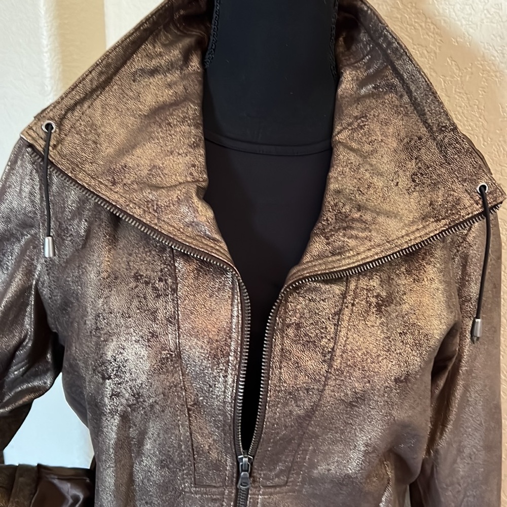 Leather Bomber Jacket, NWT, slightly metallic with worn look, Chico’s sz3, large - Picture 2 of 13